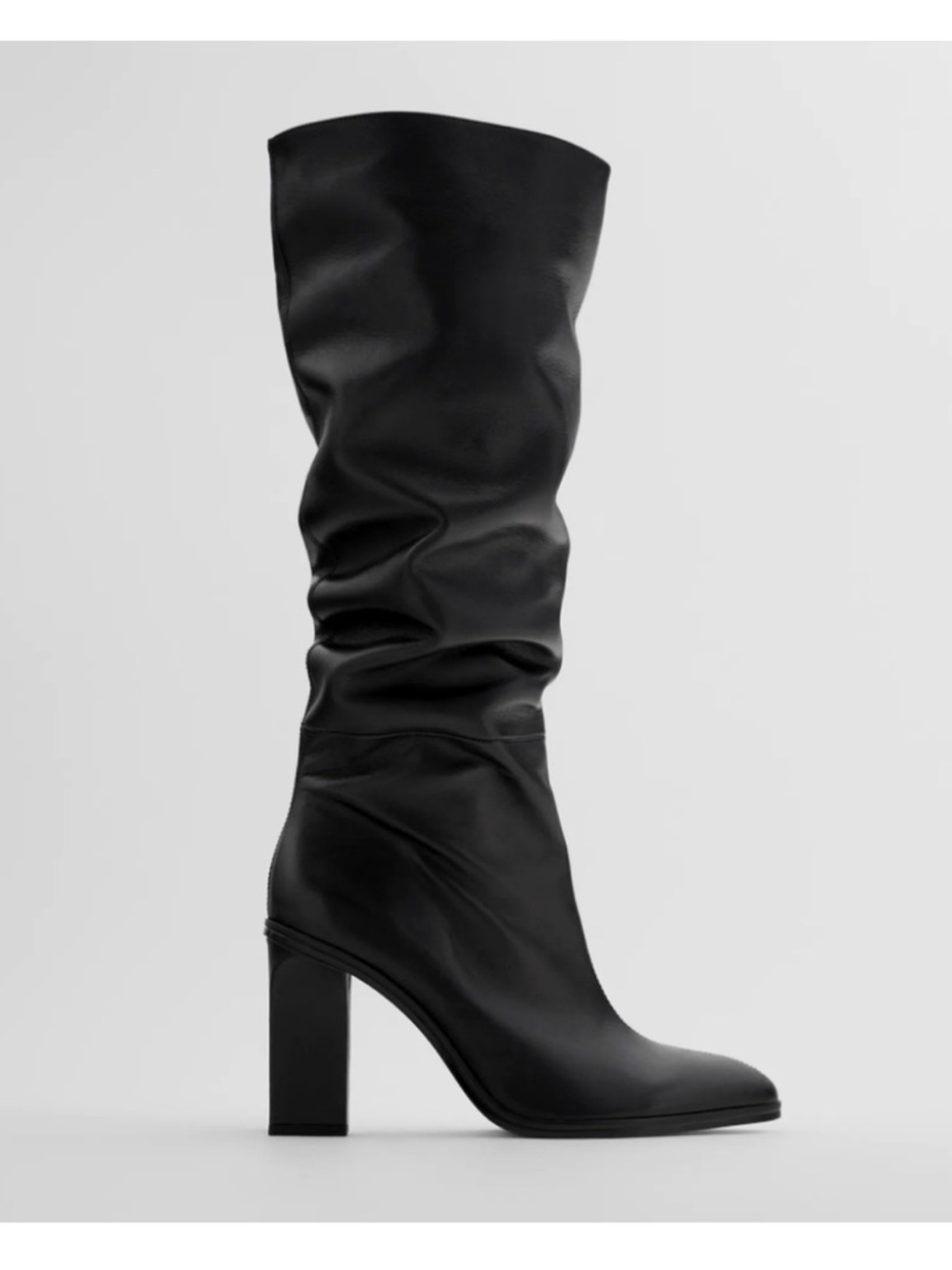 Zara Black Slouchy Leather Knee-High Block Heel Boots 40 US 9